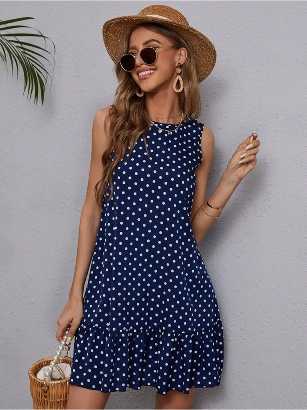 SHEIN Navy & White Polka Dot Ruffle Hem Dress - Picture 1 of 4